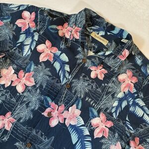 Tommy Bahama Shirt Men XL Navy Blue Silk Cotton Blend Tropical Floral Palm Print